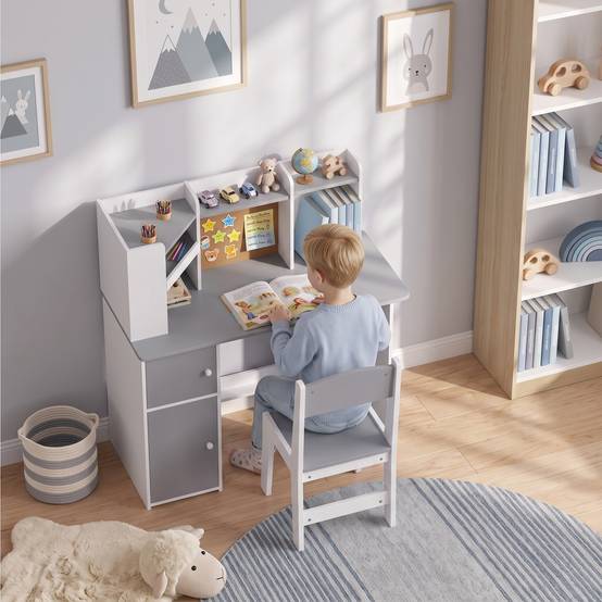 Ensemble bureau et chaise enfant avec porte-stylo, support tablette réglable, armoires et tableau, gris - Image 4