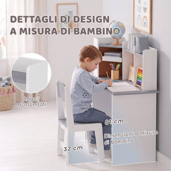 Ensemble bureau et chaise enfant avec porte-stylo, support tablette réglable, armoires et tableau, gris - Image 9