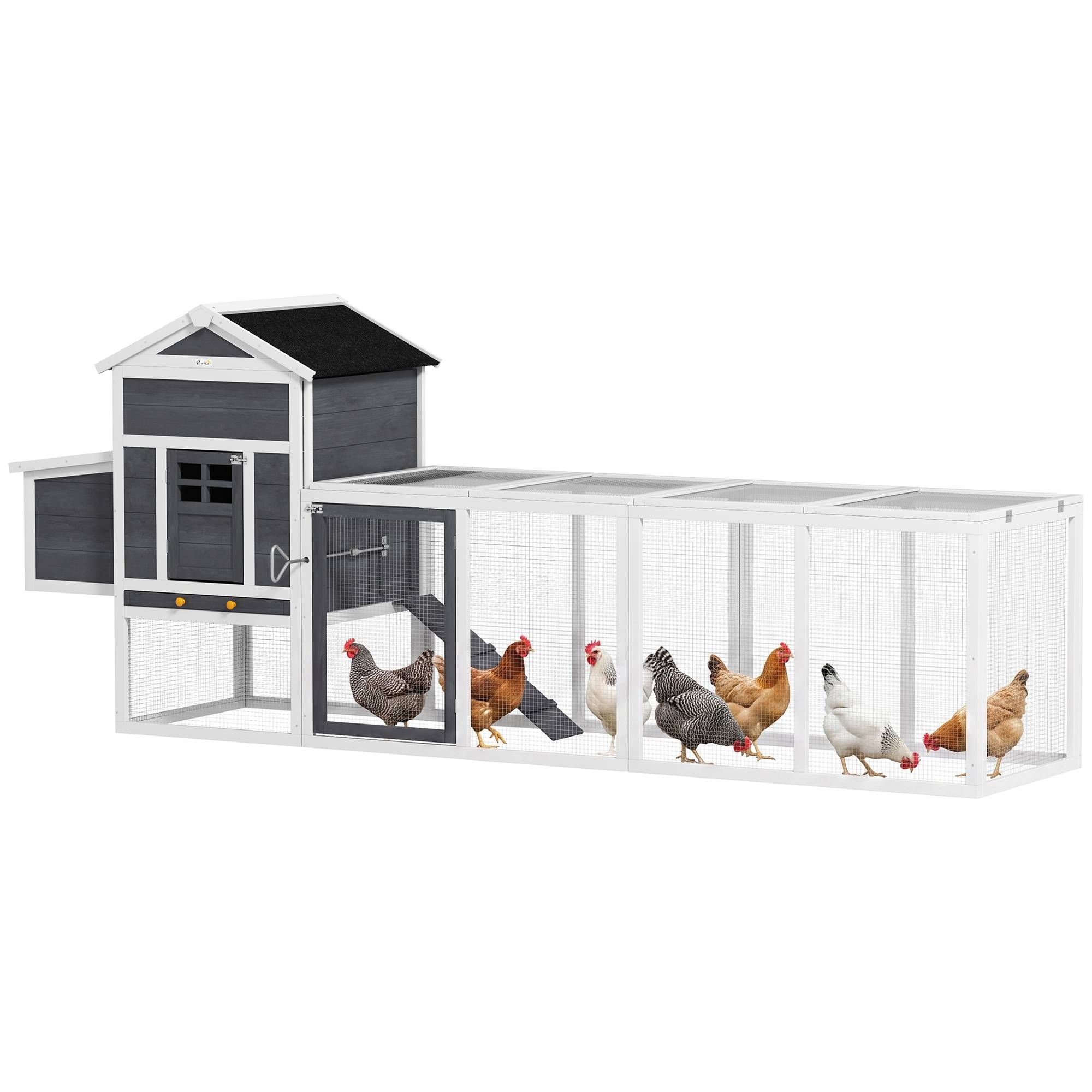 Sans Marque - Grand poulailler en bois pour 3 à 6 poules, avec toit en asphalte, pondoir et plateau amovible, 297,5 x 68 x 118 cm, blanc et gris. - Image 1
