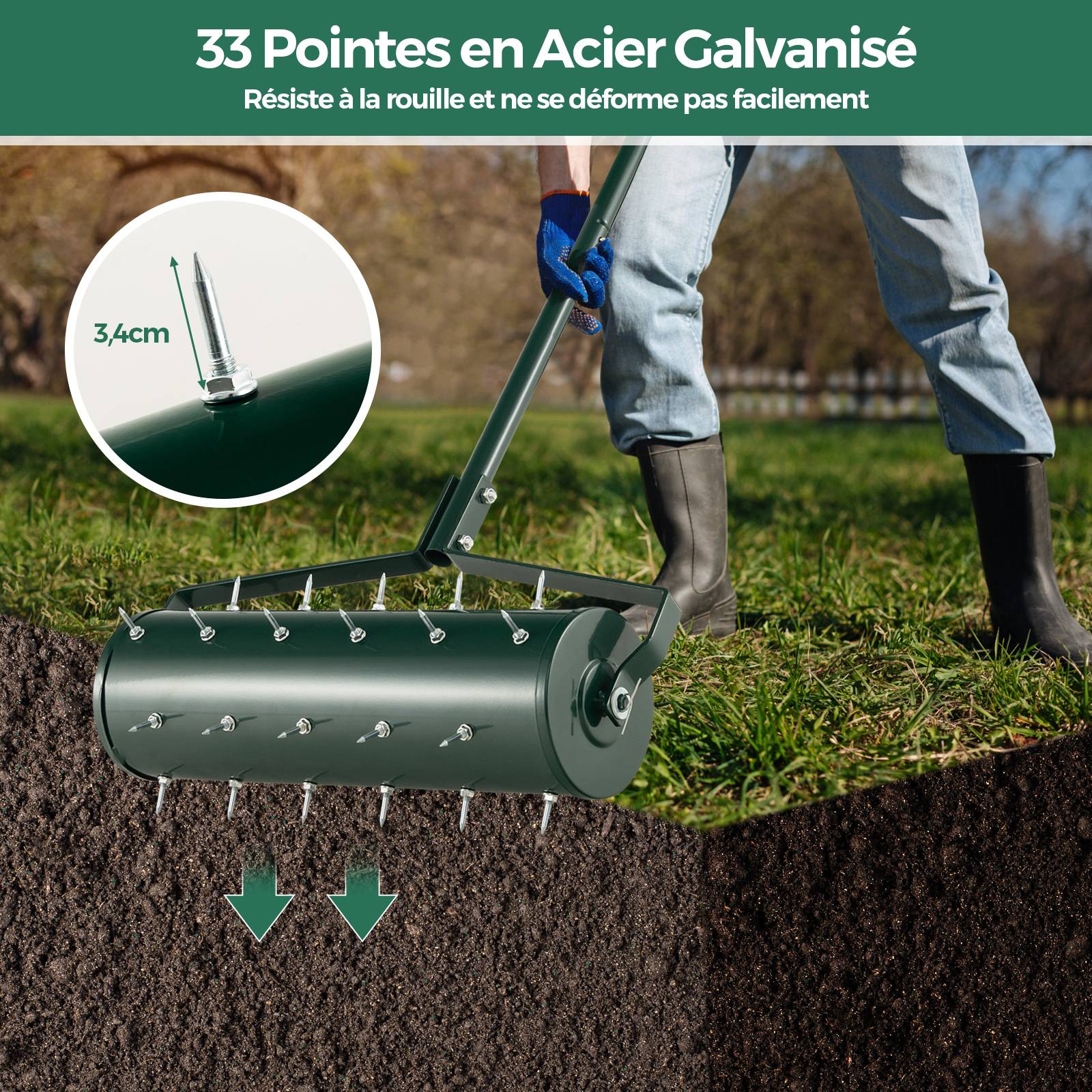 Aérateur de Pelouse Manuel de 52 cm, avec Poignée Amovible de 130 cm, Pointes de Dents pour Ameublir le Sol, pour Jardin, Cour, Vert - Image 4