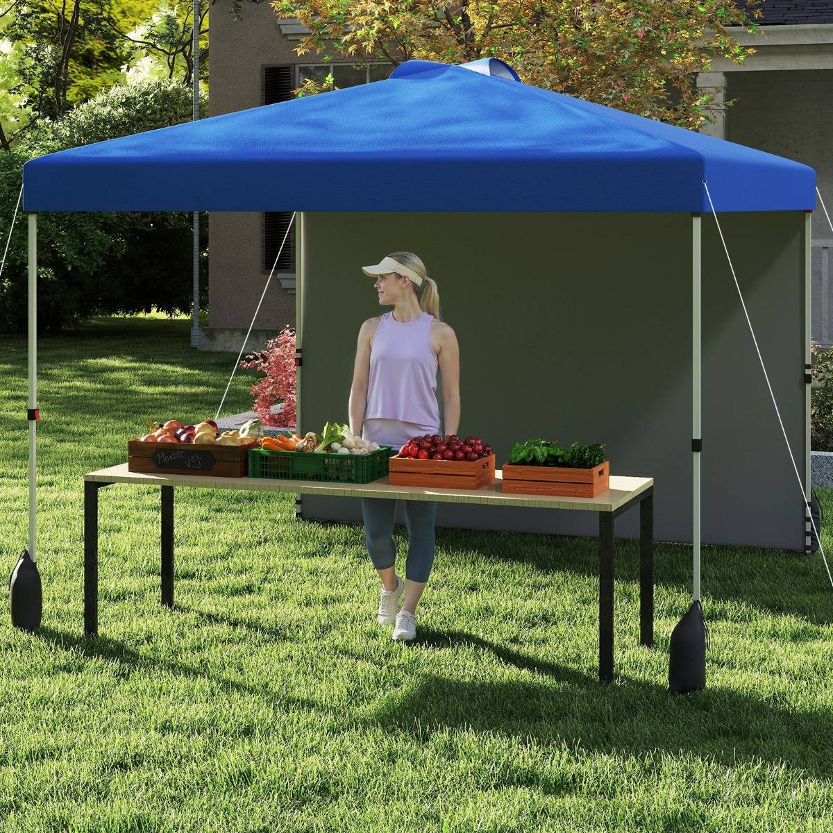 Tonnelle de Jardin 3X3M avec Paroi Latérale Tente Réception Pliant 4 Ancrages 4 Câbles de Vent Bleu - Image 2
