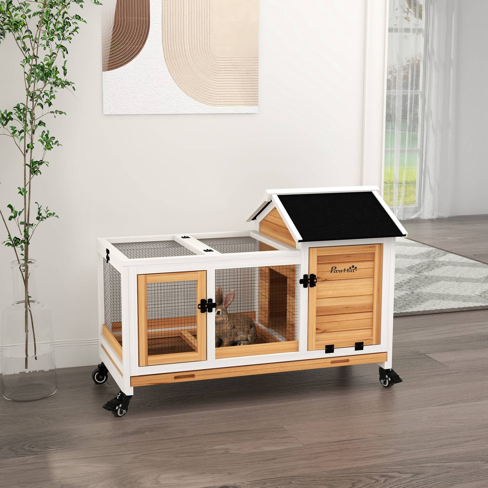 Petit clapier pour lapins nains et cochons d'Inde, avec roues, 108 x 58 x 73,5 cm, jaune - Image 3