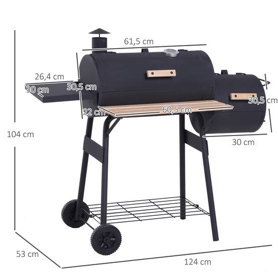 Barbecue à Charbon fumoir BBQ Grill Smoker sur Pied avec Couvercle, roulettes, thermomètre, étagères Noir - Image 5