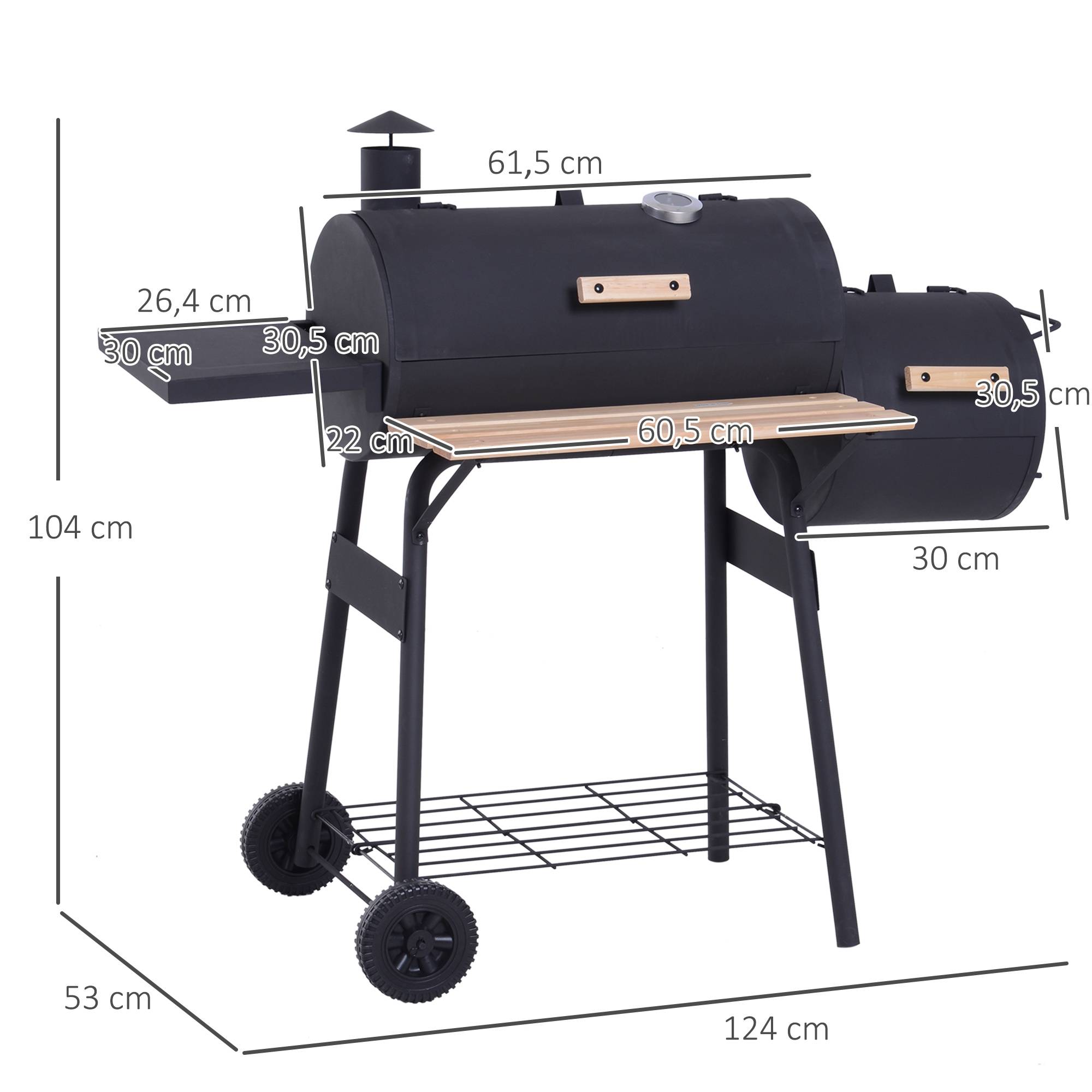Barbecue à Charbon fumoir BBQ Grill Smoker sur Pied avec Couvercle, roulettes, thermomètre, étagères Noir - Image 5