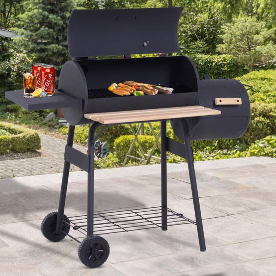 Barbecue à Charbon fumoir BBQ Grill Smoker sur Pied avec Couvercle, roulettes, thermomètre, étagères Noir - Image 4