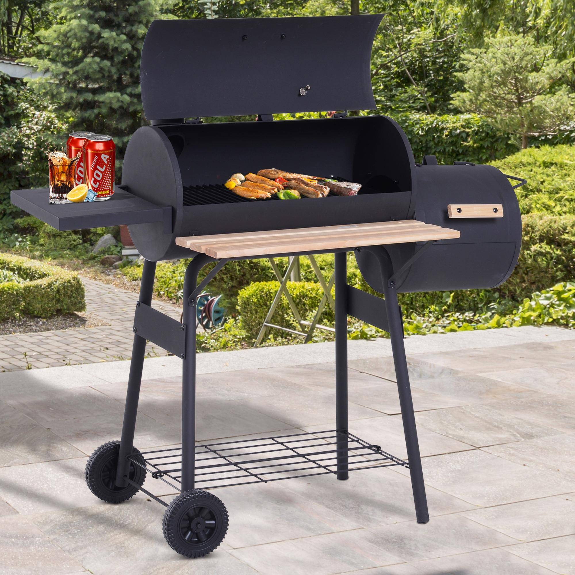 Barbecue à Charbon fumoir BBQ Grill Smoker sur Pied avec Couvercle, roulettes, thermomètre, étagères Noir - Image 4