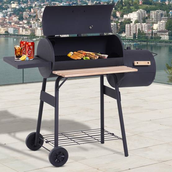 Barbecue à Charbon fumoir BBQ Grill Smoker sur Pied avec Couvercle, roulettes, thermomètre, étagères Noir - Image 3