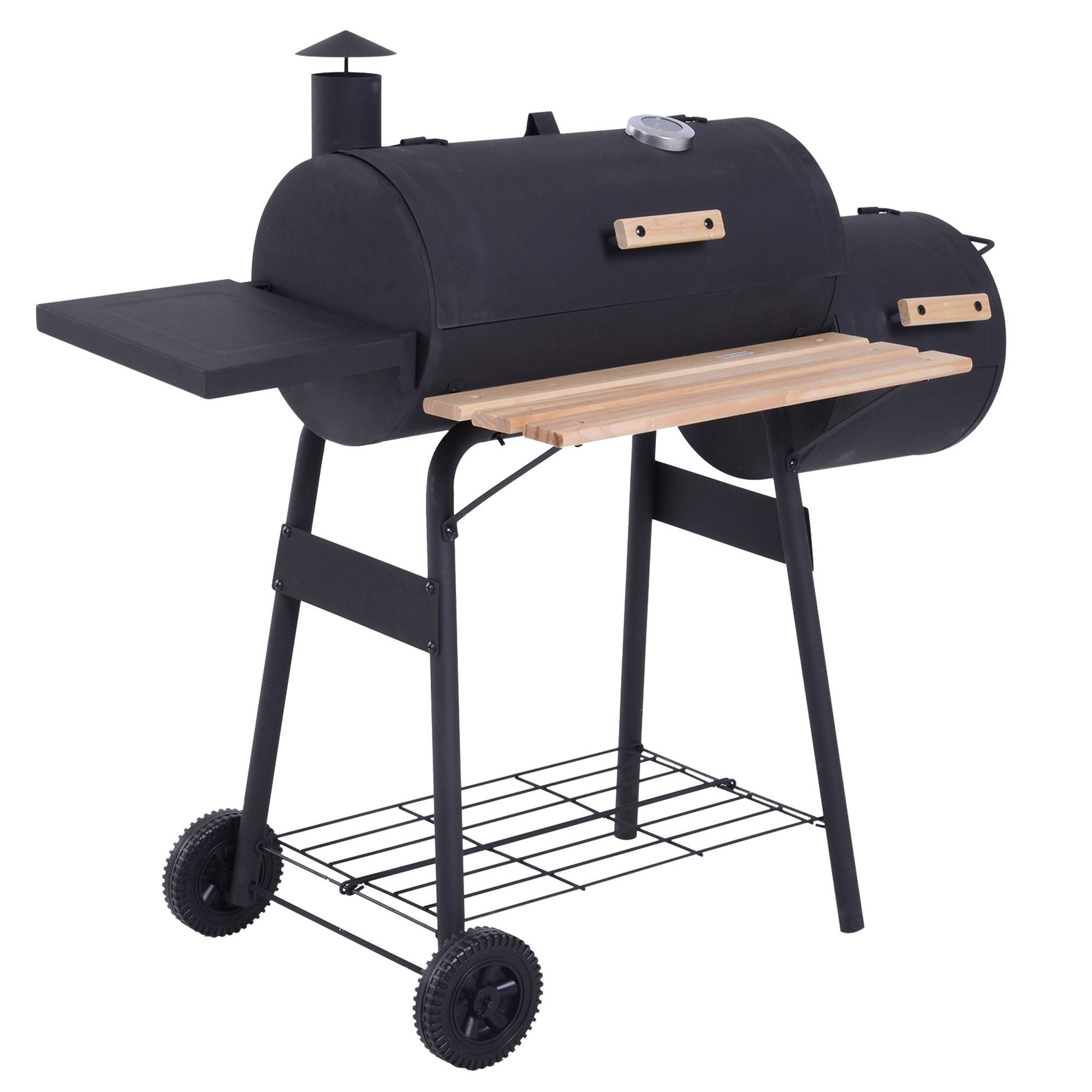 Barbecue à Charbon fumoir BBQ Grill Smoker sur Pied avec Couvercle, roulettes, thermomètre, étagères Noir - Image 1