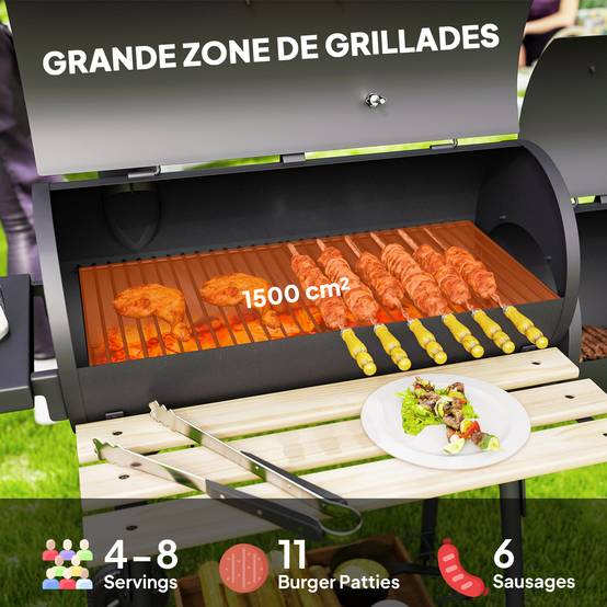 Barbecue à Charbon fumoir BBQ Grill Smoker sur Pied avec Couvercle, roulettes, thermomètre, étagères Noir - Image 7
