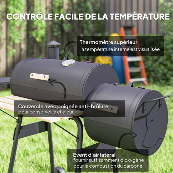 Barbecue à Charbon fumoir BBQ Grill Smoker sur Pied avec Couvercle, roulettes, thermomètre, étagères Noir - Image 8