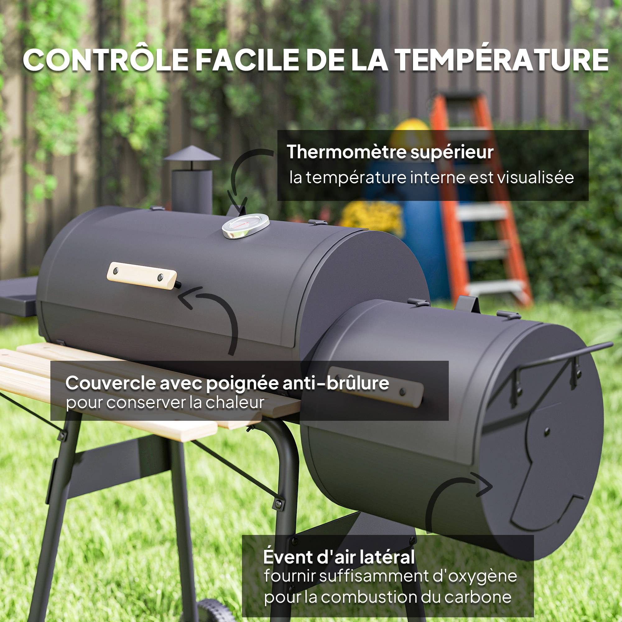 Barbecue à Charbon fumoir BBQ Grill Smoker sur Pied avec Couvercle, roulettes, thermomètre, étagères Noir - Image 8