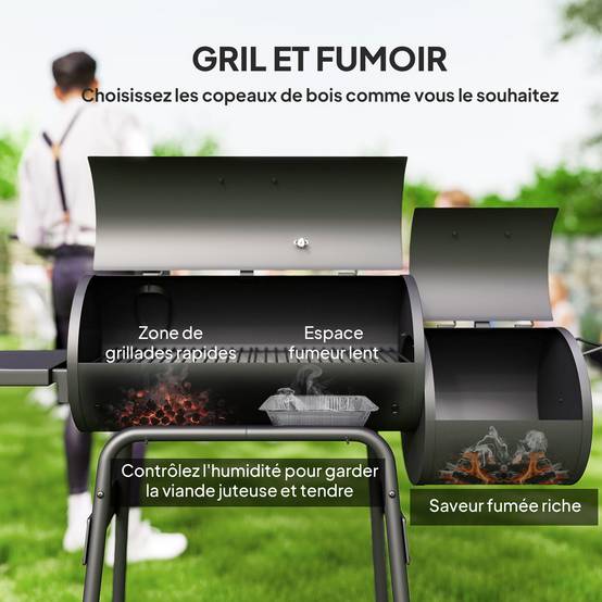 Barbecue à Charbon fumoir BBQ Grill Smoker sur Pied avec Couvercle, roulettes, thermomètre, étagères Noir - Image 6