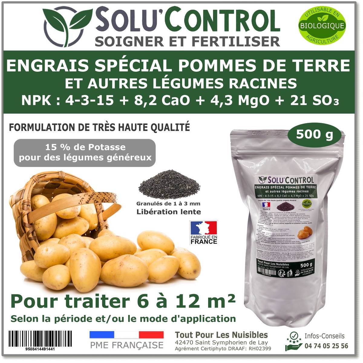 Tout pour les nuisibles - SOLU’CONTROL - 500 g d'engrais spécial pommes de terre et légumes racines 4-3-15 - enrichi en potasse - croissance, grossissement - UAB