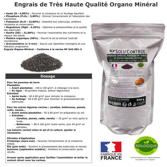 Tout pour les nuisibles - SOLU’CONTROL - 500 g d'engrais spécial pommes de terre et légumes racines 4-3-15 - enrichi en potasse - croissance, grossissement - UAB - Image 2