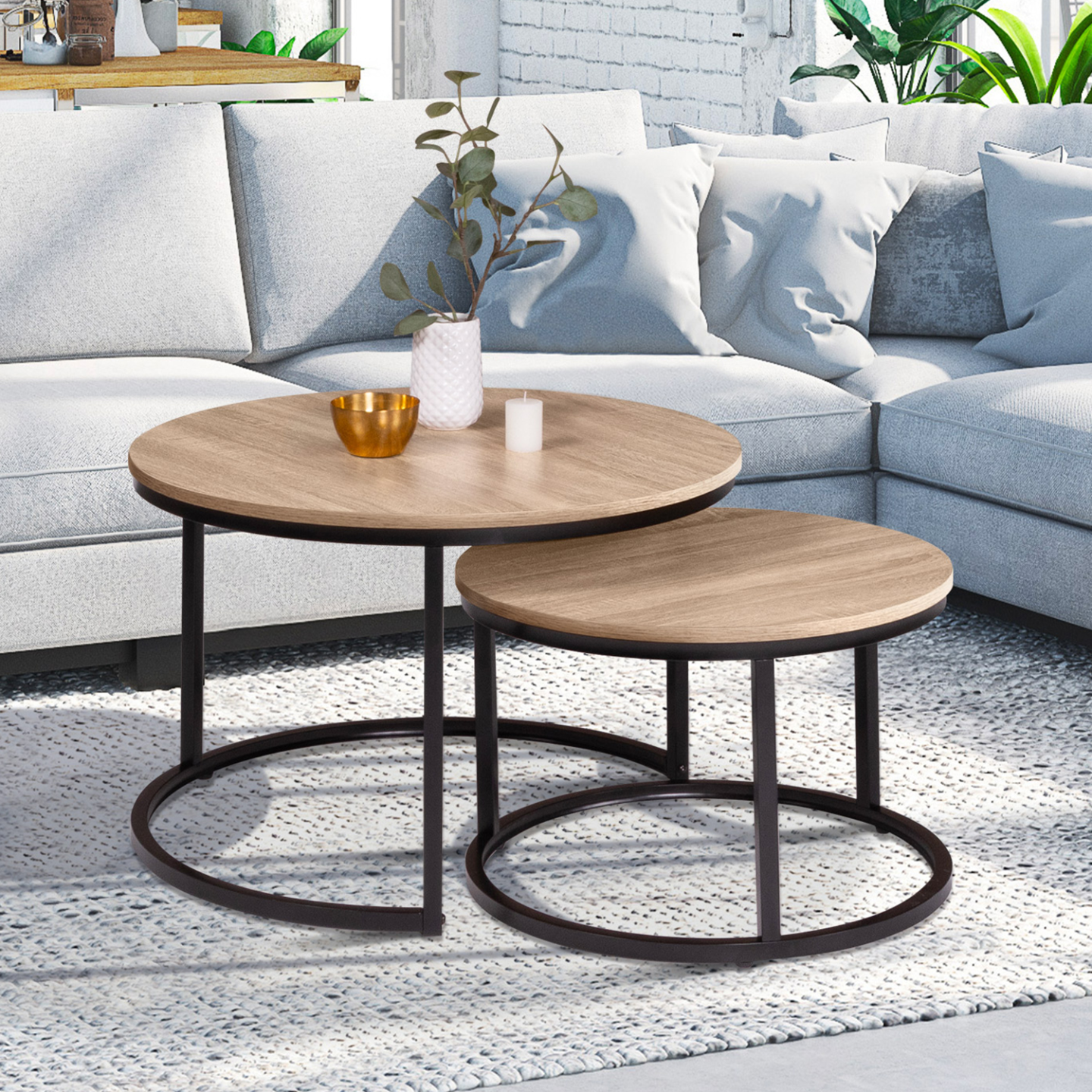 Lot de 2 tables basses gigognes DETROIT rondes 54/70 design industriel - Image 1