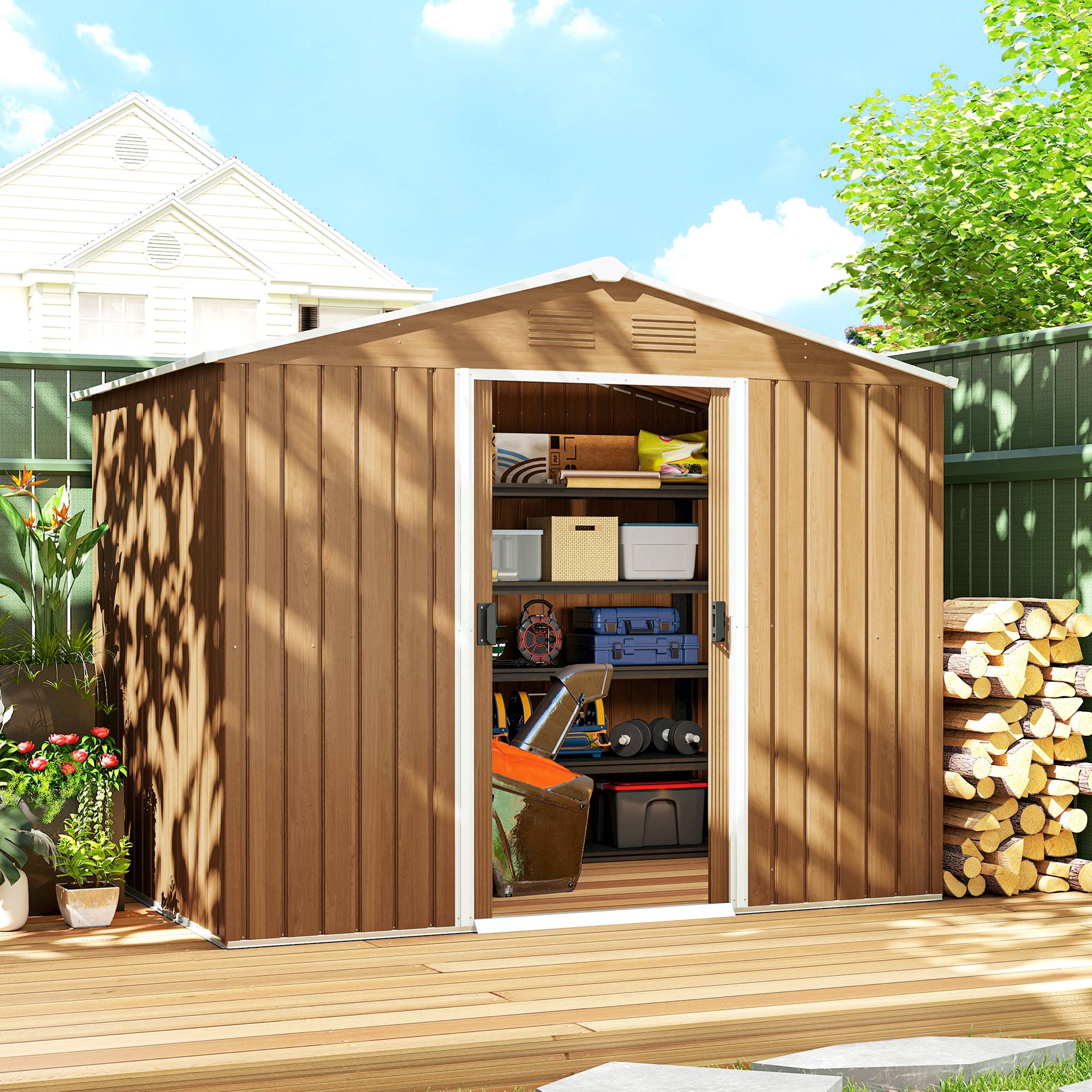 ComfortXL - Abri de jardin en acier galvanisé marron foncé 3,6 m² 236 x 171 x 191 cm pour outils à portes coulissantes - Image 1