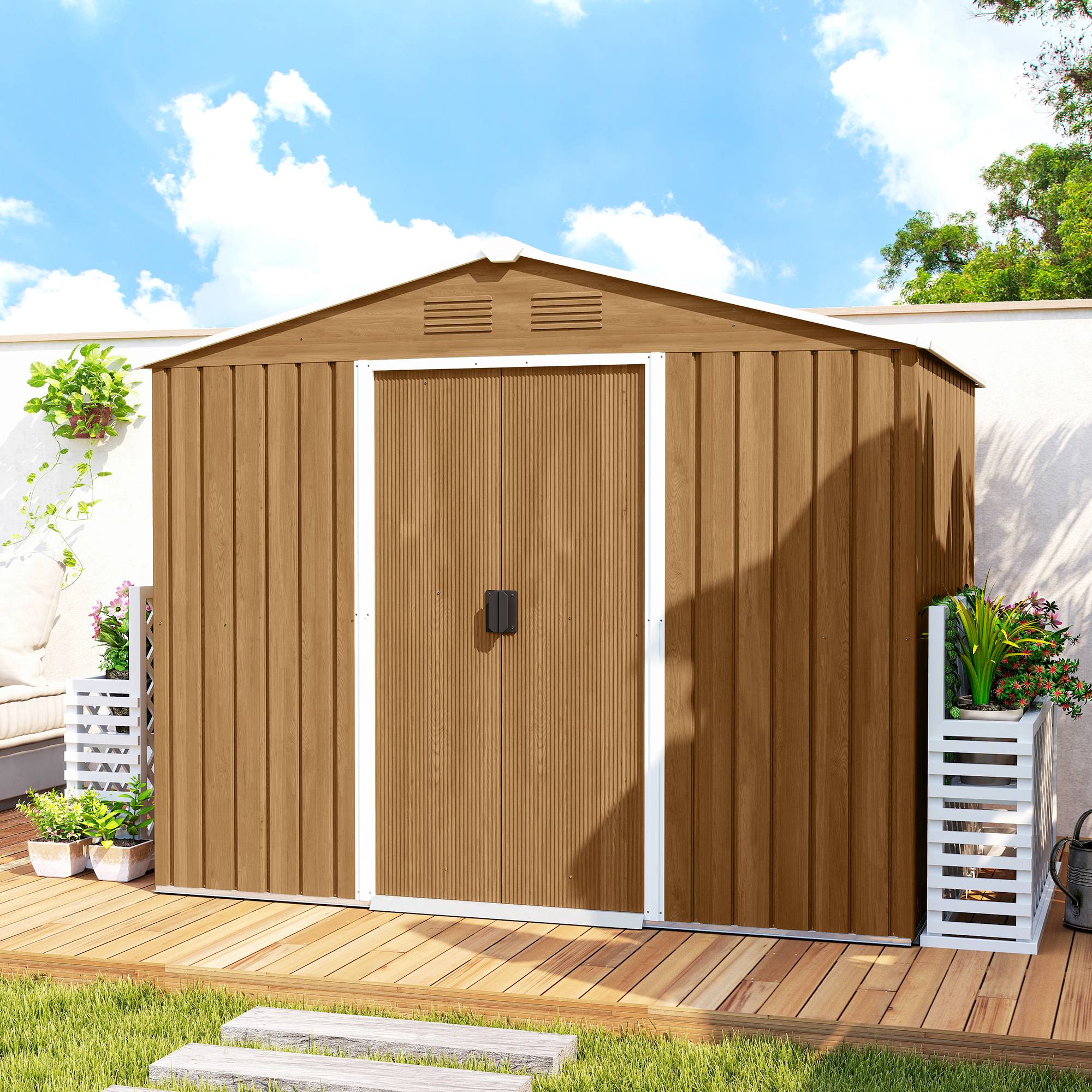 ComfortXL - Abri de jardin en acier galvanisé marron foncé 3,6 m² 236 x 171 x 191 cm pour outils à portes coulissantes - Image 7