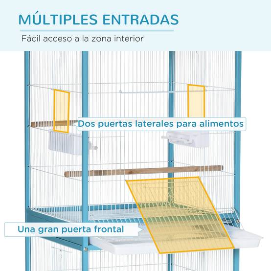Cage à oiseaux à 2 niveaux avec roulettes, plateaux amovibles et portes, 51,5 x 50 x 140 cm, bleue - Image 7