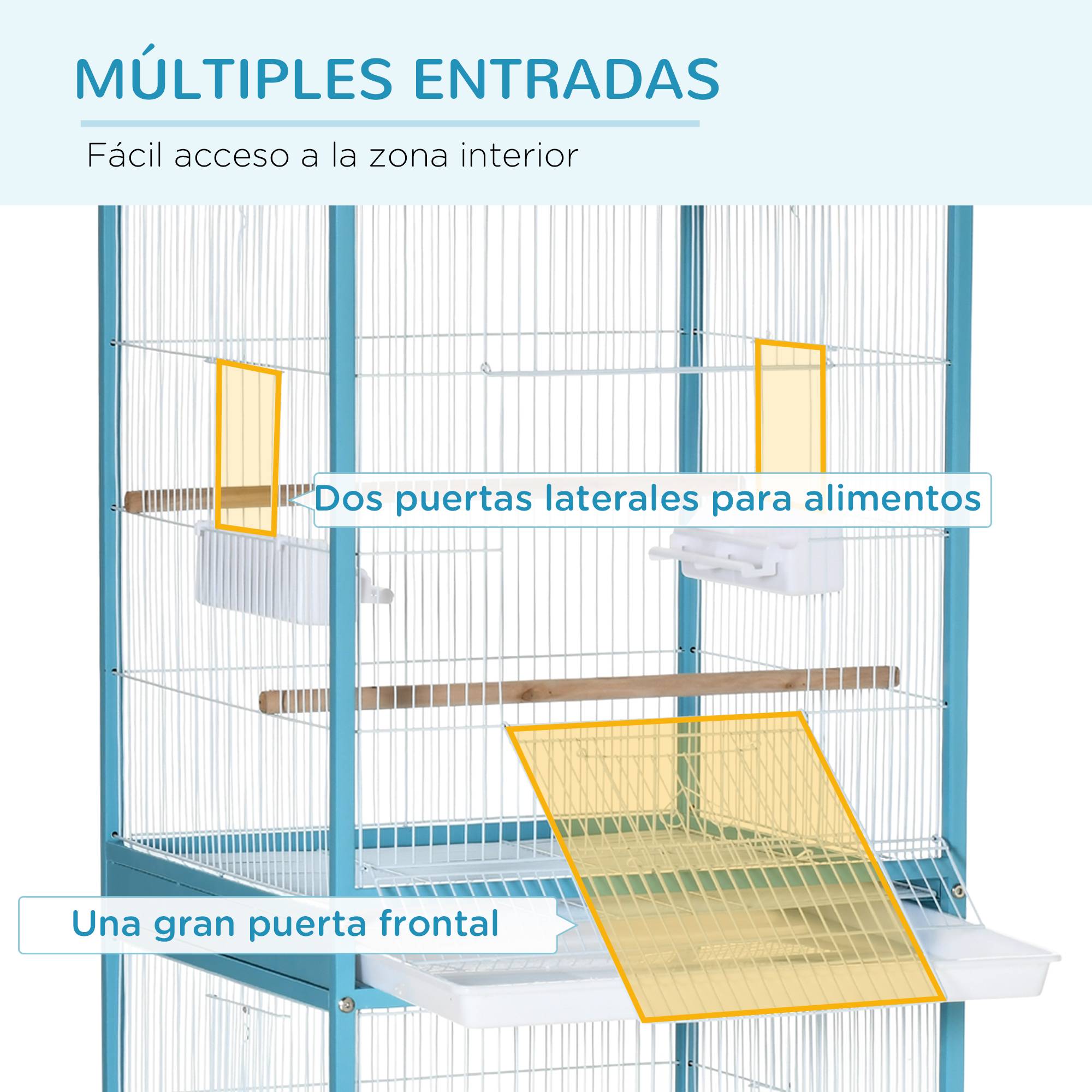 Cage à oiseaux à 2 niveaux avec roulettes, plateaux amovibles et portes, 51,5 x 50 x 140 cm, bleue - Image 7
