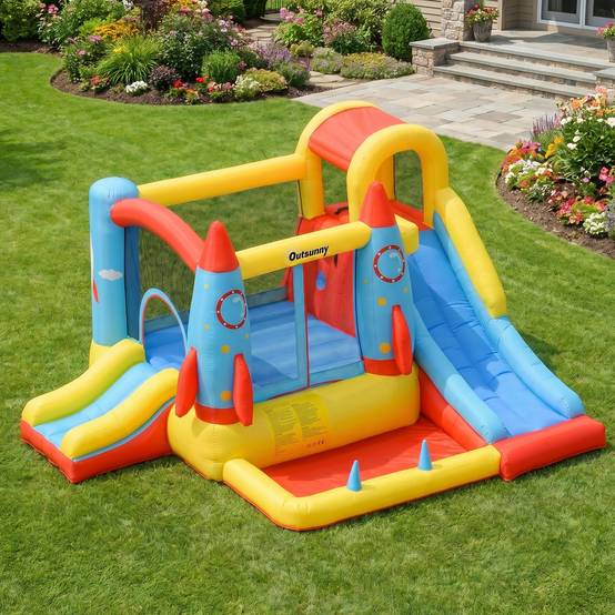 Château gonflable multicolore 2 toboggans piscine et aire de saut 330 × 265 × 185 cm enfants dès 3 ans - Image 10