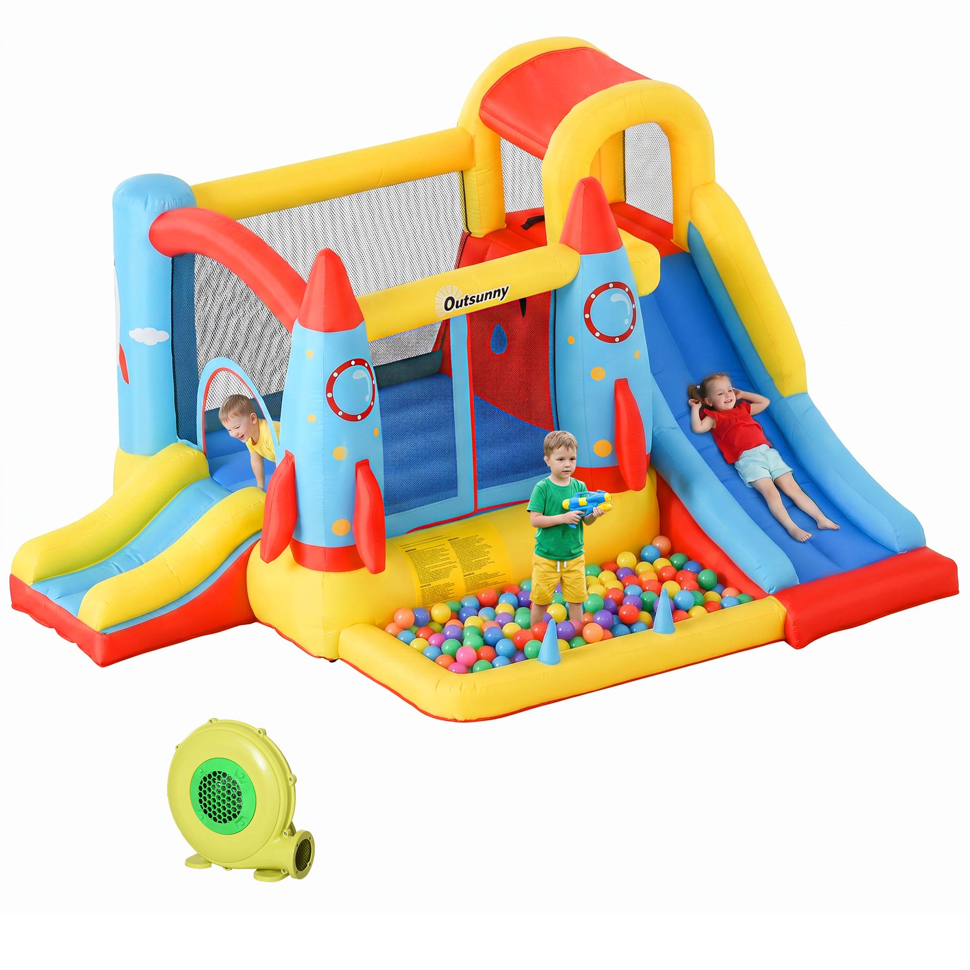 Château gonflable multicolore 2 toboggans piscine et aire de saut 330 × 265 × 185 cm enfants dès 3 ans - Image 1