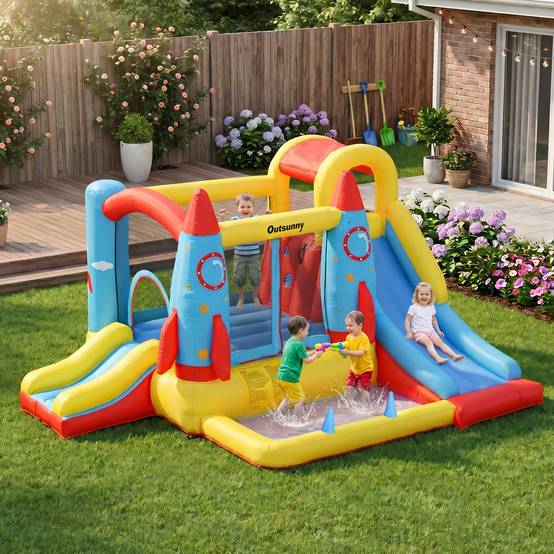 Château gonflable multicolore 2 toboggans piscine et aire de saut 330 × 265 × 185 cm enfants dès 3 ans - Image 4