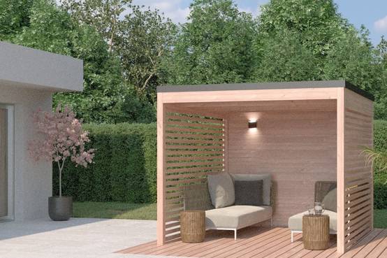 MON CHALET DE JARDIN - Pergola bois & Aluminum Design 9m2 - Bois Douglas épaisseur 55mm - Toiture Bacacier avec voliges sous toiture - MON CHALET DE JARDIN - Image 5