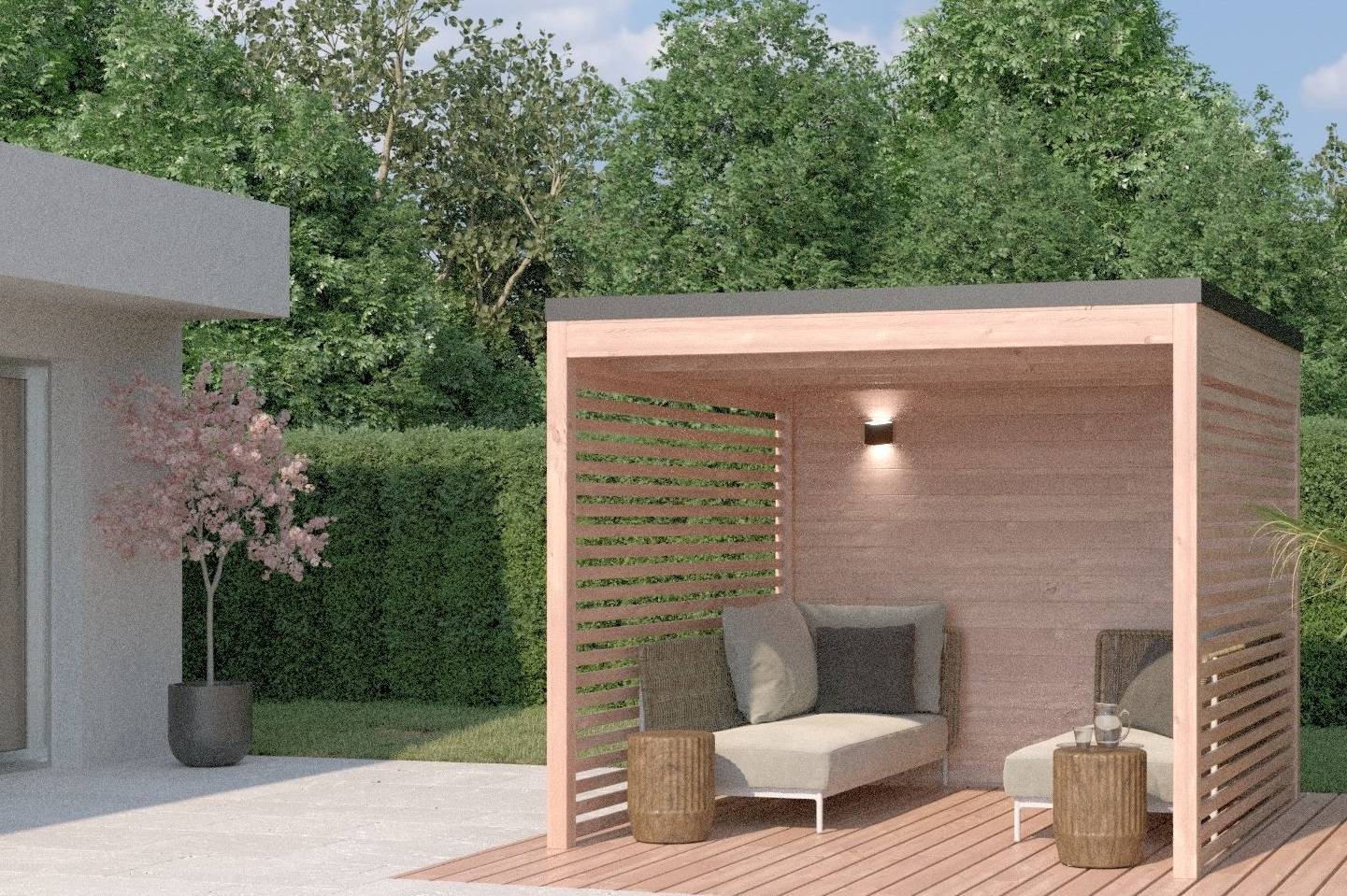 MON CHALET DE JARDIN - Pergola bois & Aluminum Design 9m2 - Bois Douglas épaisseur 55mm - Toiture Bacacier avec voliges sous toiture - MON CHALET DE JARDIN - Image 5