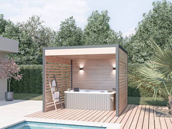 MON CHALET DE JARDIN - Pergola bois & Aluminum Design 9m2 - Bois Douglas épaisseur 55mm - Toiture Bacacier avec voliges sous toiture - MON CHALET DE JARDIN - Image 1