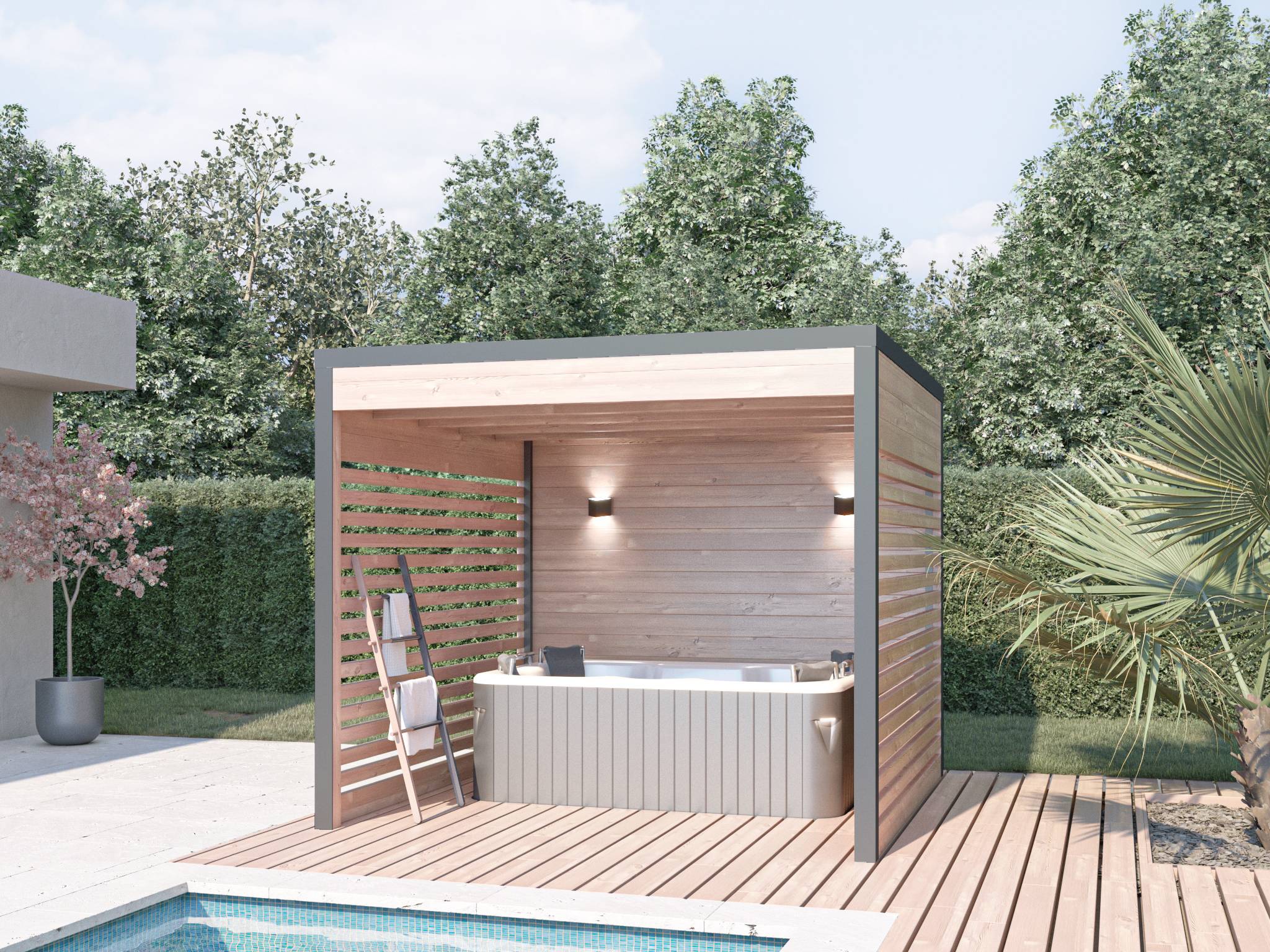 MON CHALET DE JARDIN - Pergola bois & Aluminum Design 9m2 - Bois Douglas épaisseur 55mm - Toiture Bacacier avec voliges sous toiture - MON CHALET DE JARDIN - Image 1