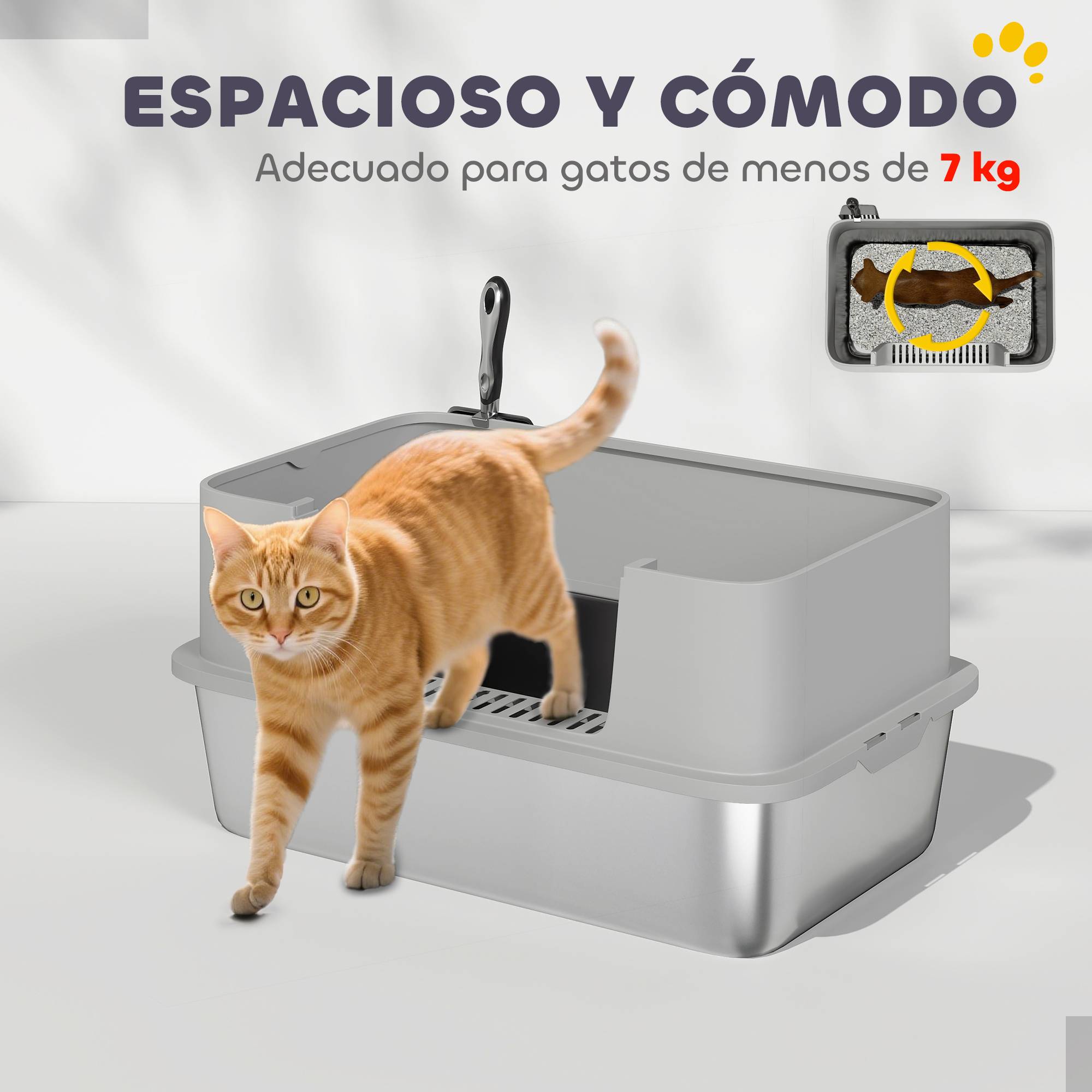 Litière chat acier inoxydable XL bord haut pelle facile nettoyer étanche 60x40x29,5 cm gris - Image 9