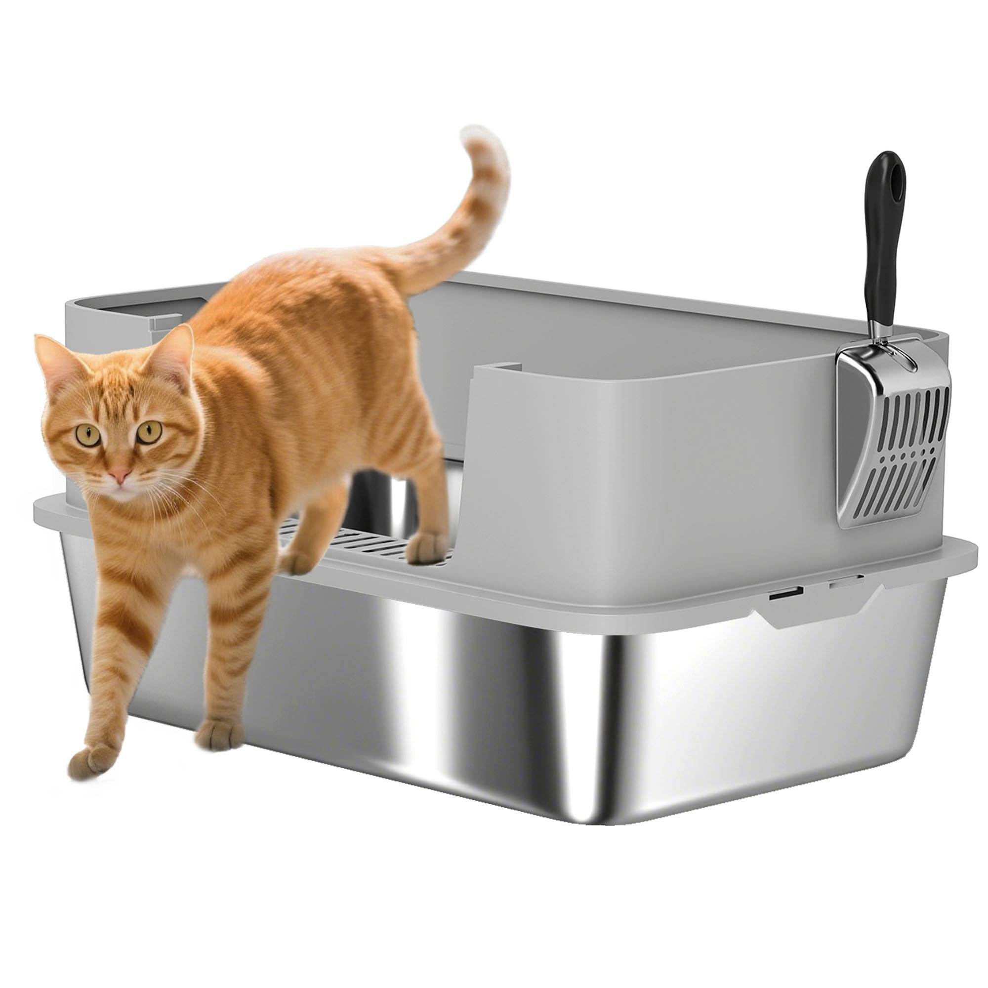 Litière chat acier inoxydable XL bord haut pelle facile nettoyer étanche 60x40x29,5 cm gris - Image 1