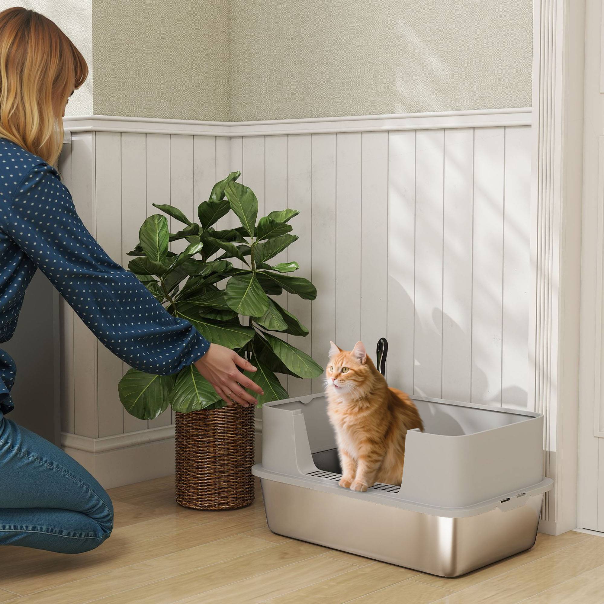 Litière chat acier inoxydable XL bord haut pelle facile nettoyer étanche 60x40x29,5 cm gris - Image 3