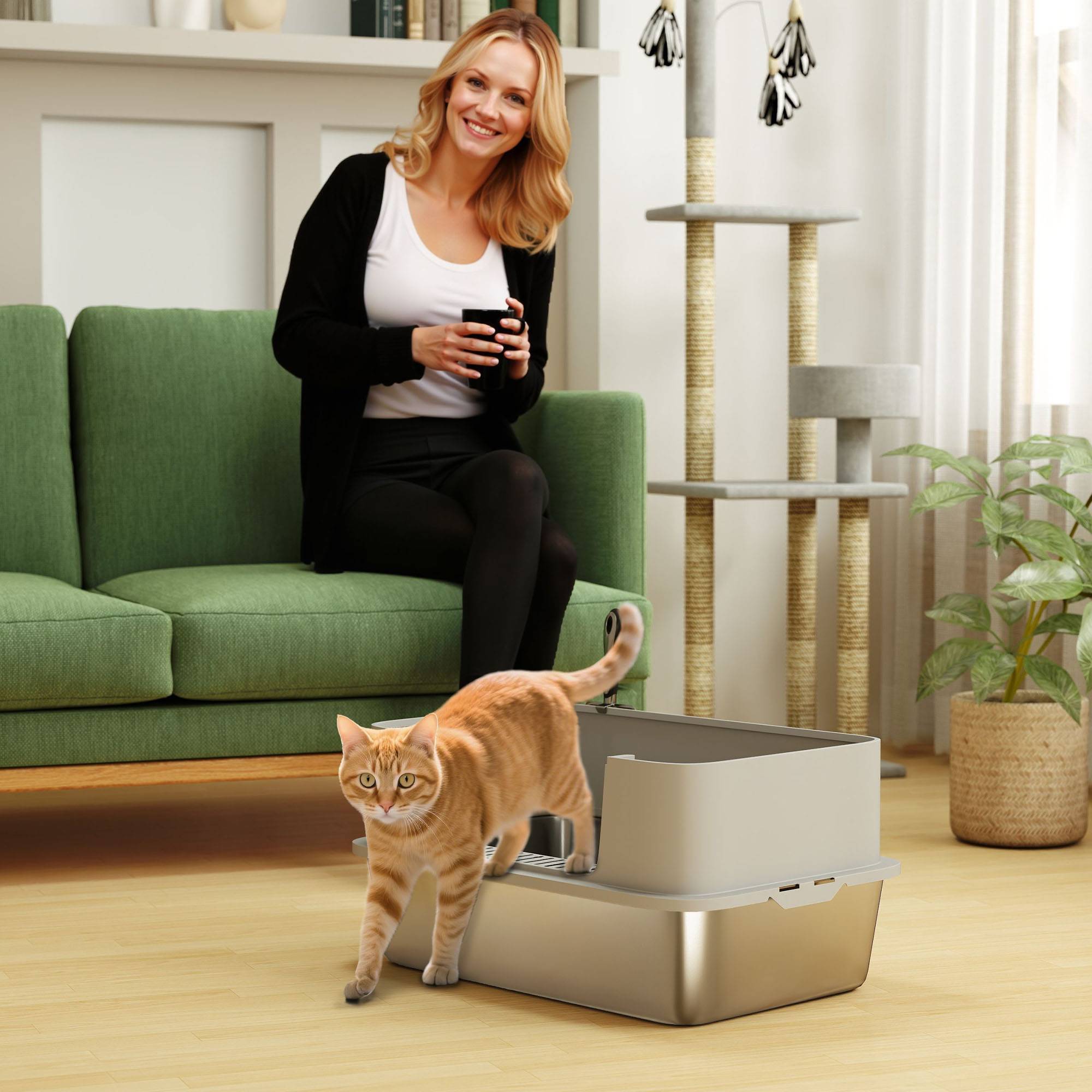 Litière chat acier inoxydable XL bord haut pelle facile nettoyer étanche 60x40x29,5 cm gris - Image 4