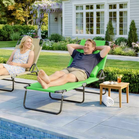 Transat avec ouverture pour le visage et coussin, pliable, housse déperlante, structure en métal, vert - Image 4