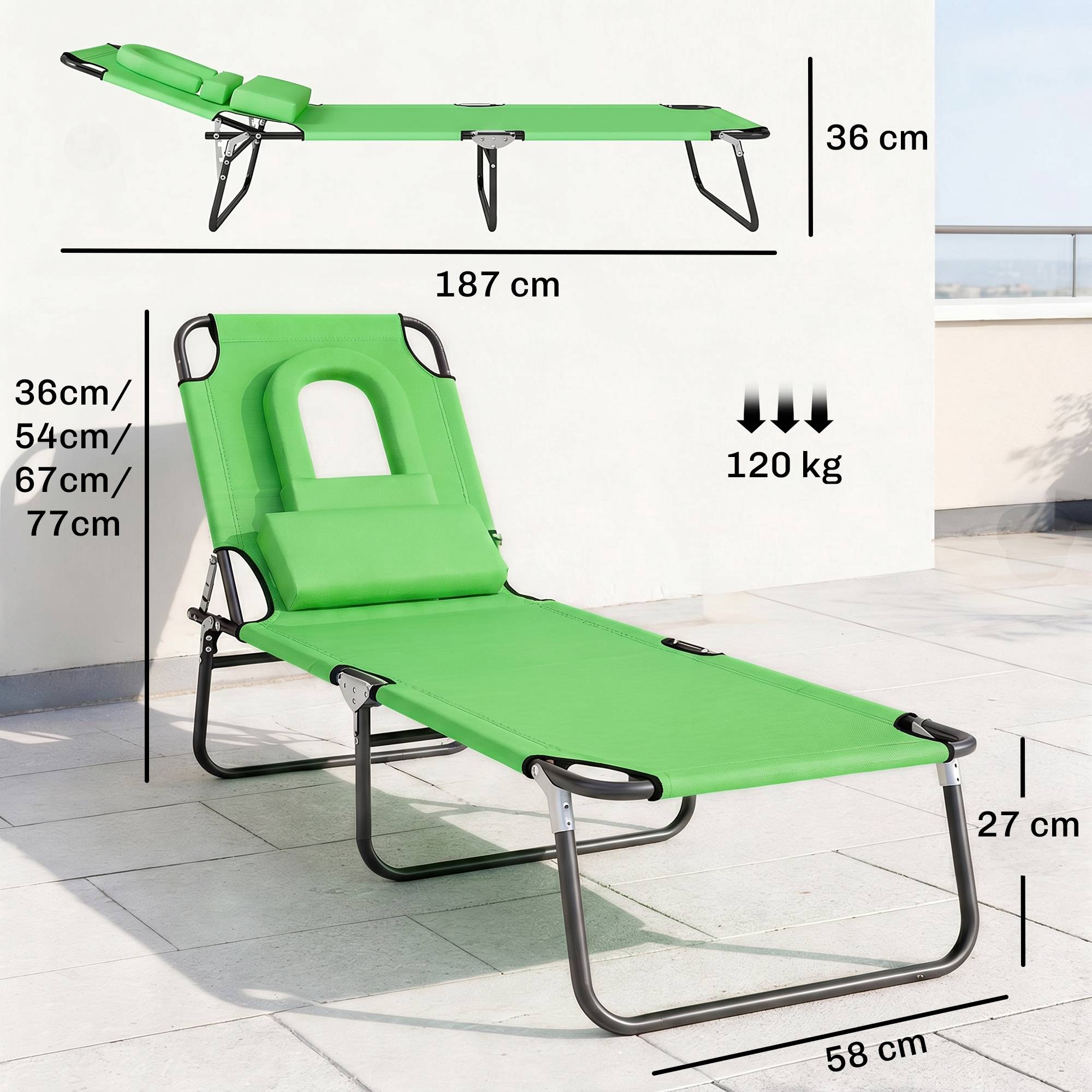 Transat avec ouverture pour le visage et coussin, pliable, housse déperlante, structure en métal, vert - Image 5