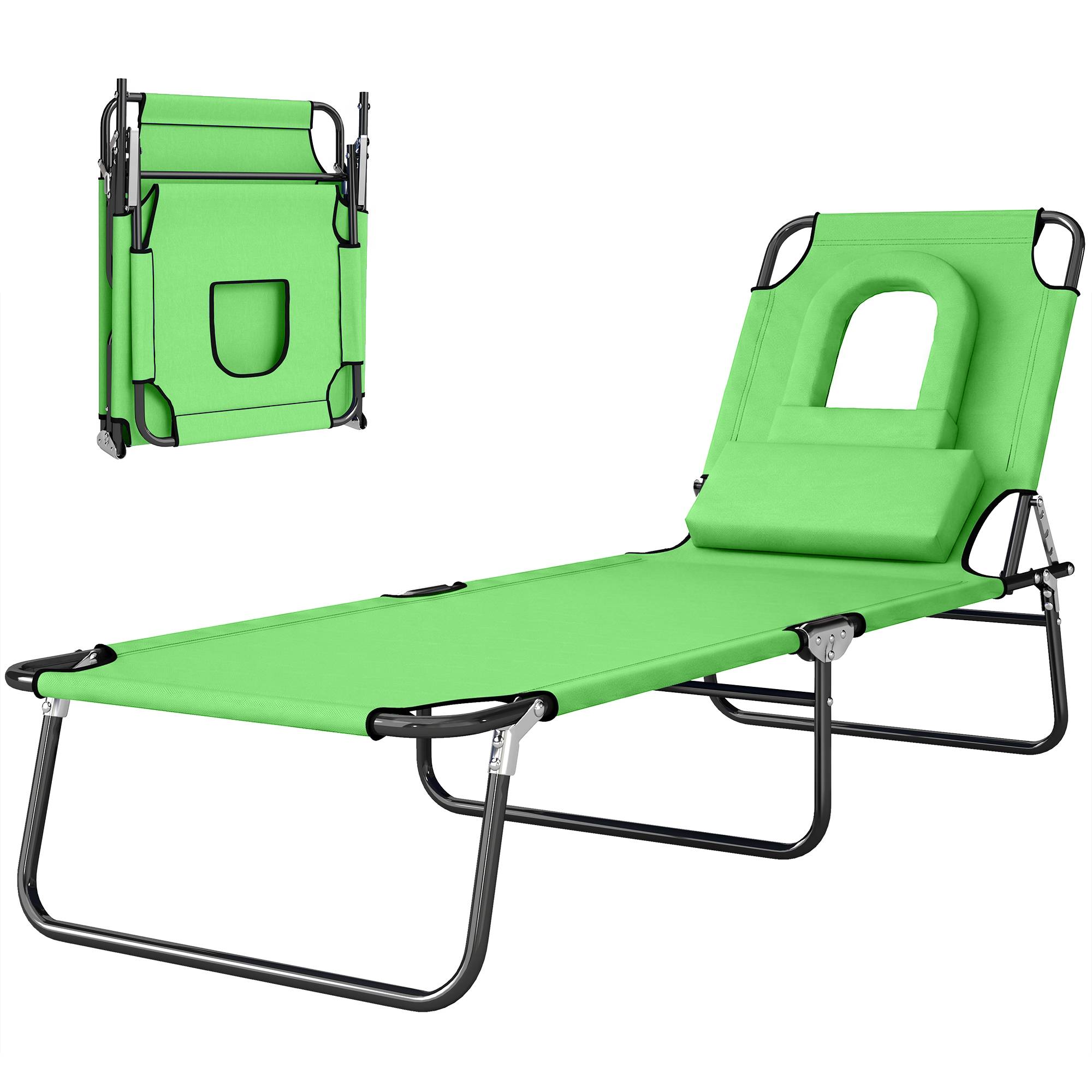 Transat avec ouverture pour le visage et coussin, pliable, housse déperlante, structure en métal, vert - Image 2