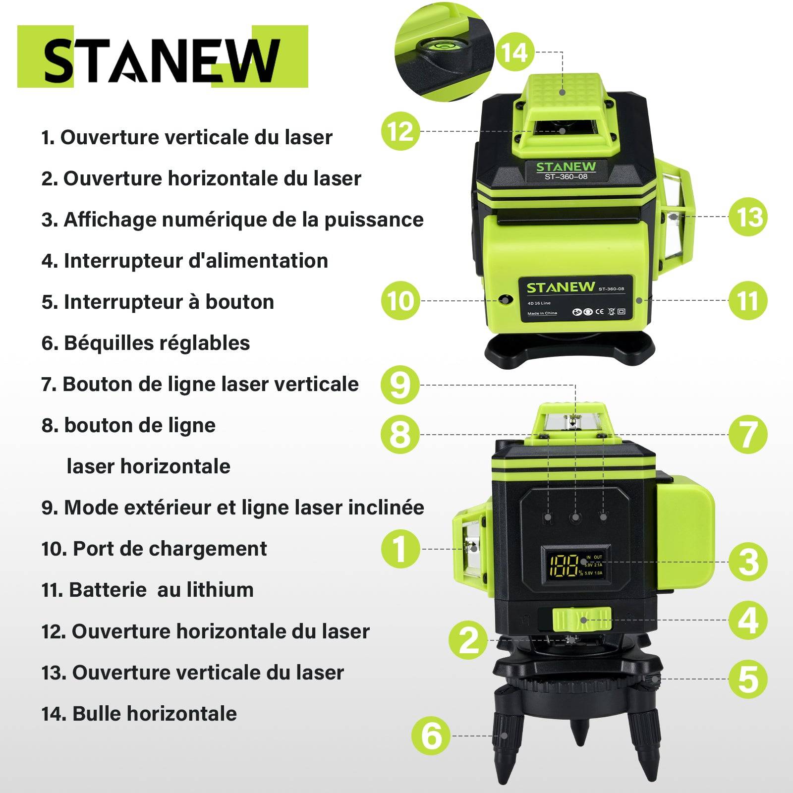 Niveau laser 4 x 360° avec affichage de la puissance, 16 lignes, batteries 2 x 2400 mAh - Image 2