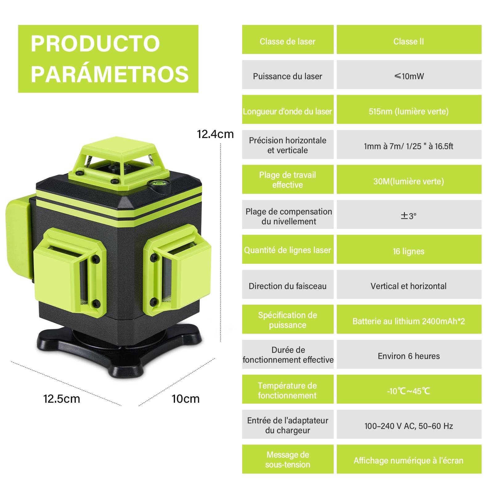 Niveau laser 4 x 360° avec affichage de la puissance, 16 lignes, batteries 2 x 2400 mAh - Image 3