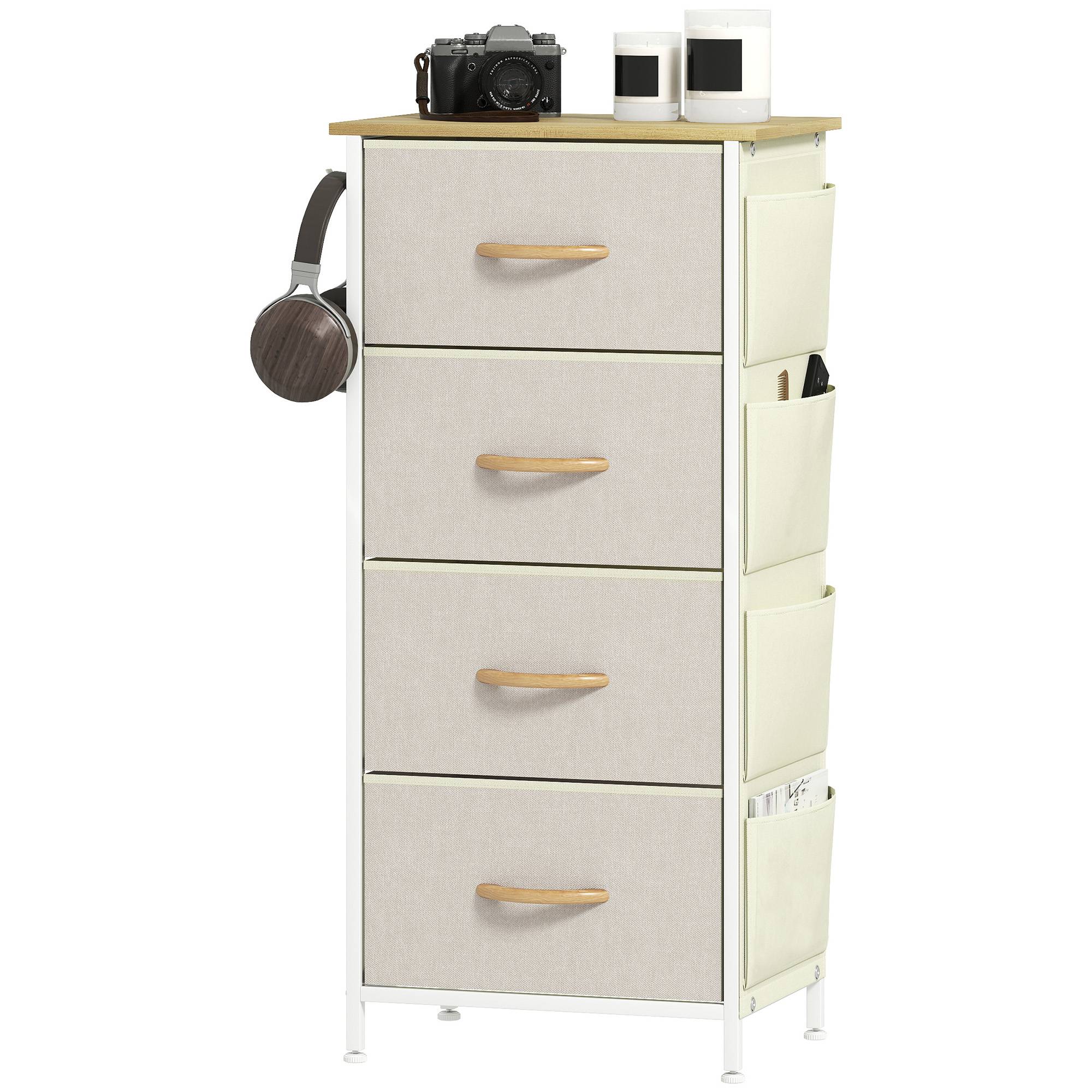 Commode tissu avec 4 tiroirs poches latérales et crochets, meuble rangement chambre bureau salon beige - Image 1