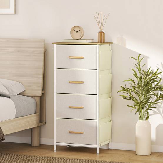 Commode tissu avec 4 tiroirs poches latérales et crochets, meuble rangement chambre bureau salon beige - Image 4