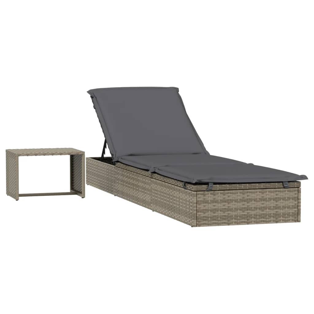 Helloshop26 - Transat chaise longue bain de soleil avec table résine tressée gris - Imagen 1