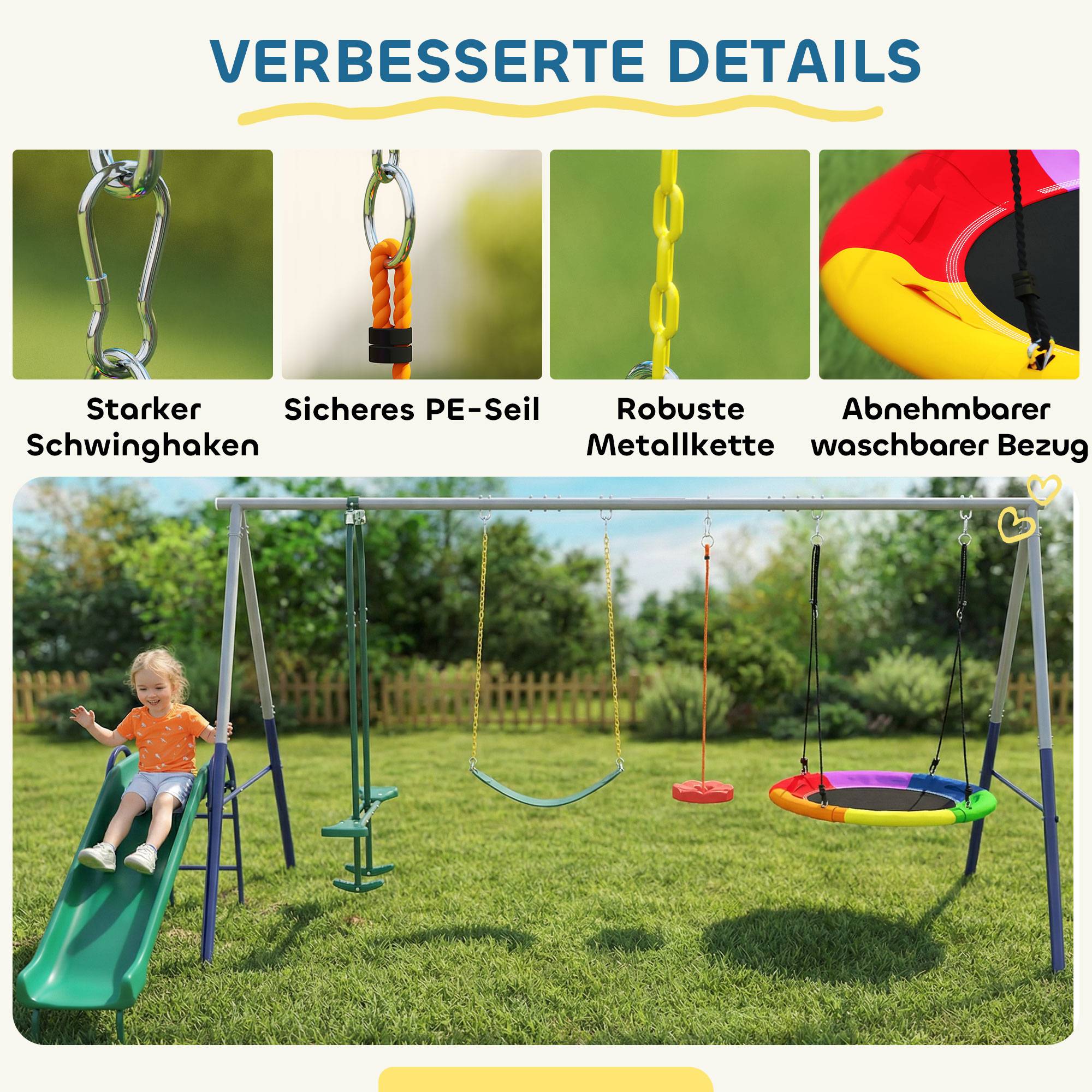 Sans Marque - Portique 5-en-1 avec toboggan, balançoire nid, 382x196x203cm, multicolore - Image 10