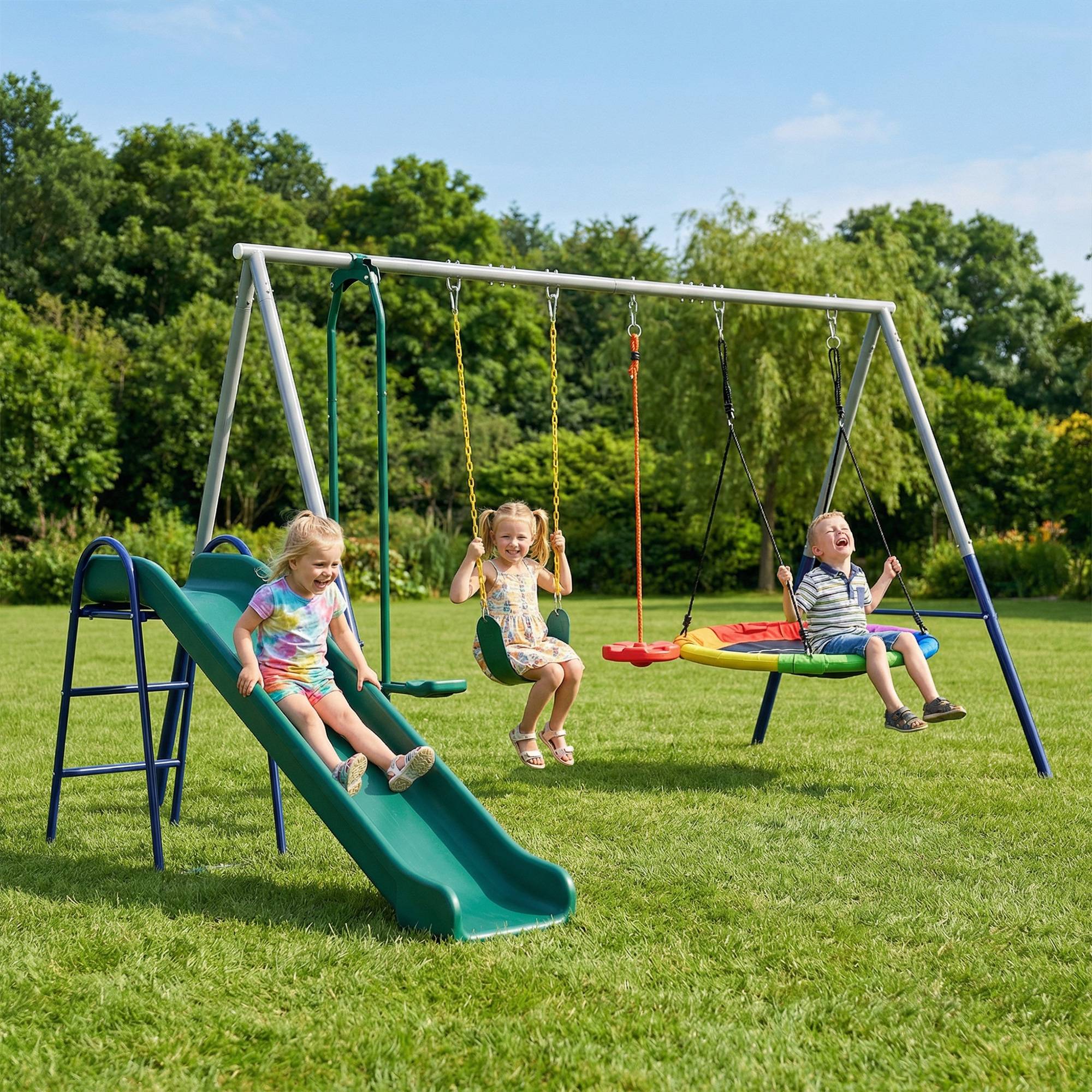 Sans Marque - Portique 5-en-1 avec toboggan, balançoire nid, 382x196x203cm, multicolore - Image 4