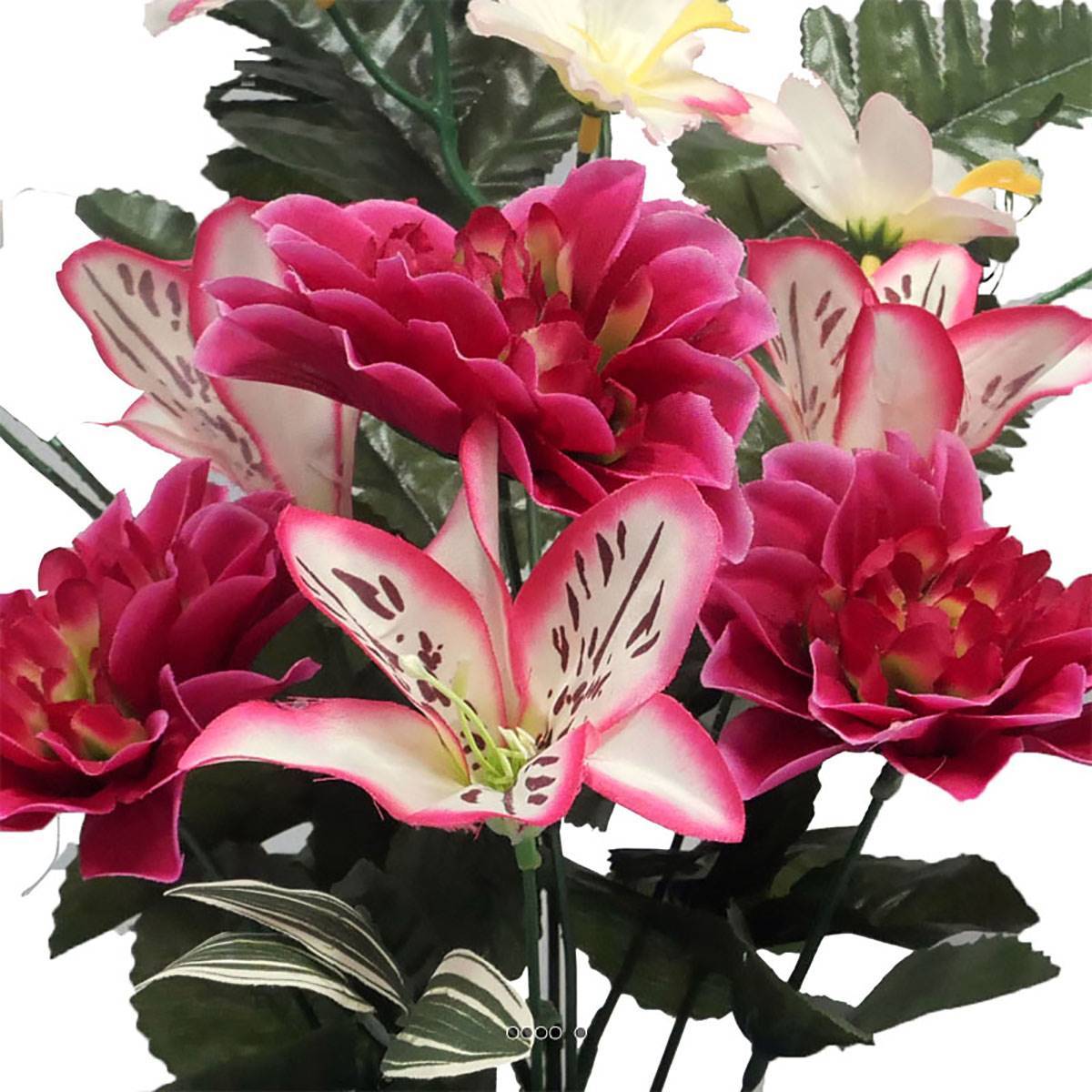 Oairse Fleurs de cimetière artificielles en pot - Arrangements de fleurs funéraires - 48 cm - Soie rose foncé et blanc - Lys dahlia en pot - Fleur commémorative pour tombe, cimetière