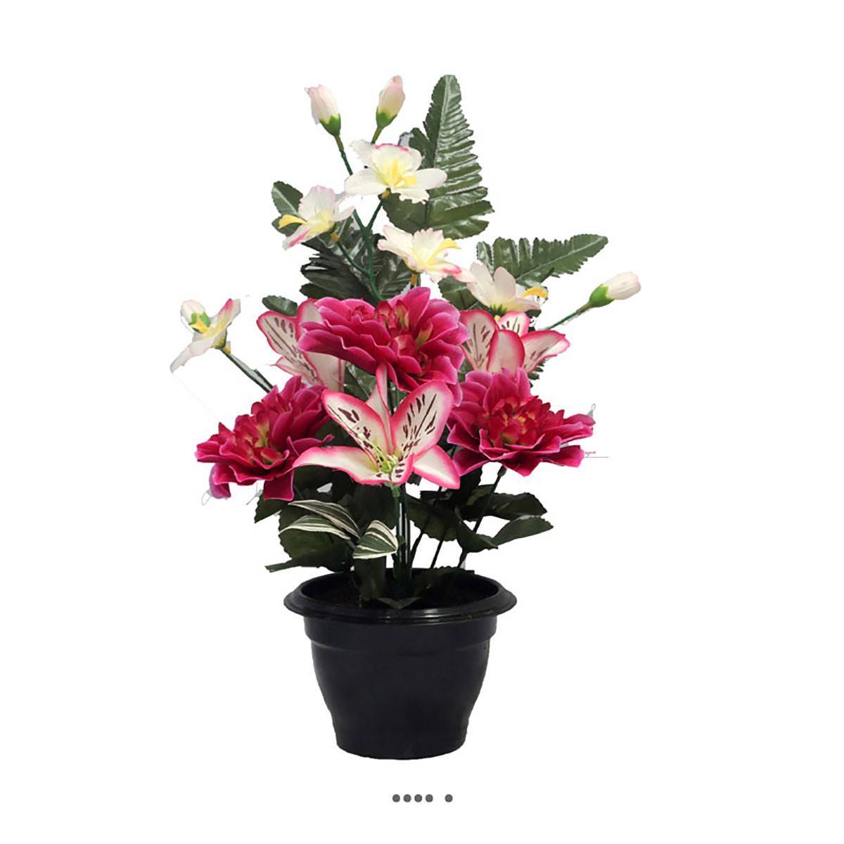 Artificielles - Pot fleurs artificielles cimetière dahlias, lys et orchidées Rose fushia - couleur: Rose fushia 730 - Imagen 2