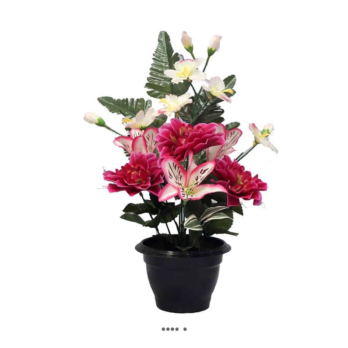 Artificielles - Pot fleurs artificielles cimetière dahlias, lys et orchidées Rose fushia - couleur: Rose fushia 730 - Imagen 1