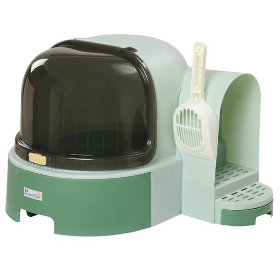 Bac à litière fermé double tiroir spacieux pour chat avec pelle anti-odeur vert et noir - ComfortXL Outdoor Living - Image 1