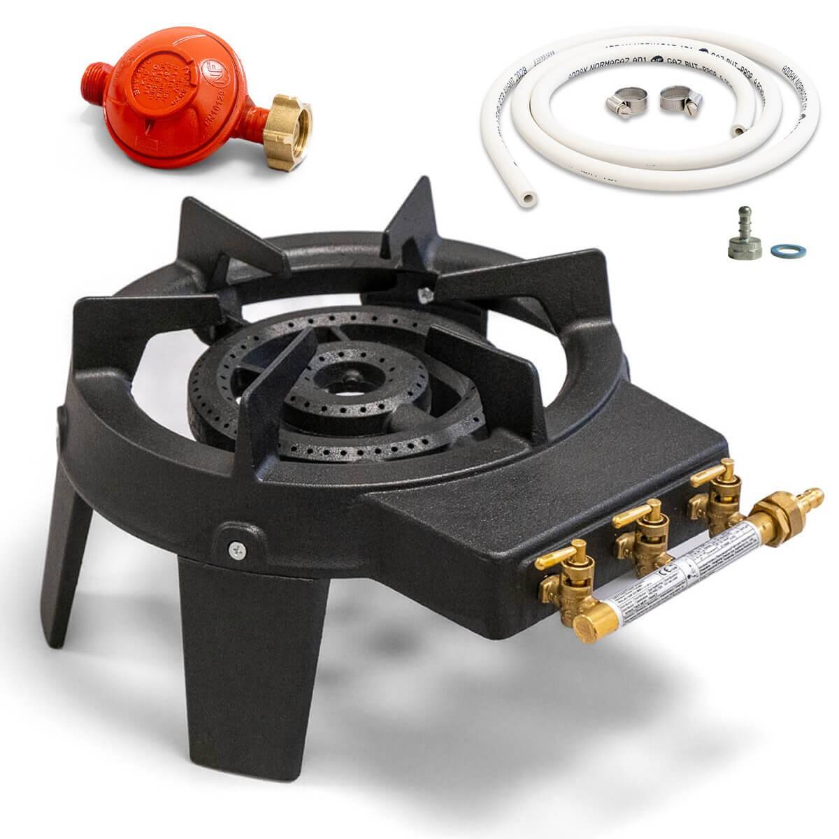 Rechaud à gaz 9,8 KW Fonte véritable 4 pieds 2 bruleurs + Tuyau gaz flexible 1.50m + Détendeur Propane TRIGLAV - Imagen 1