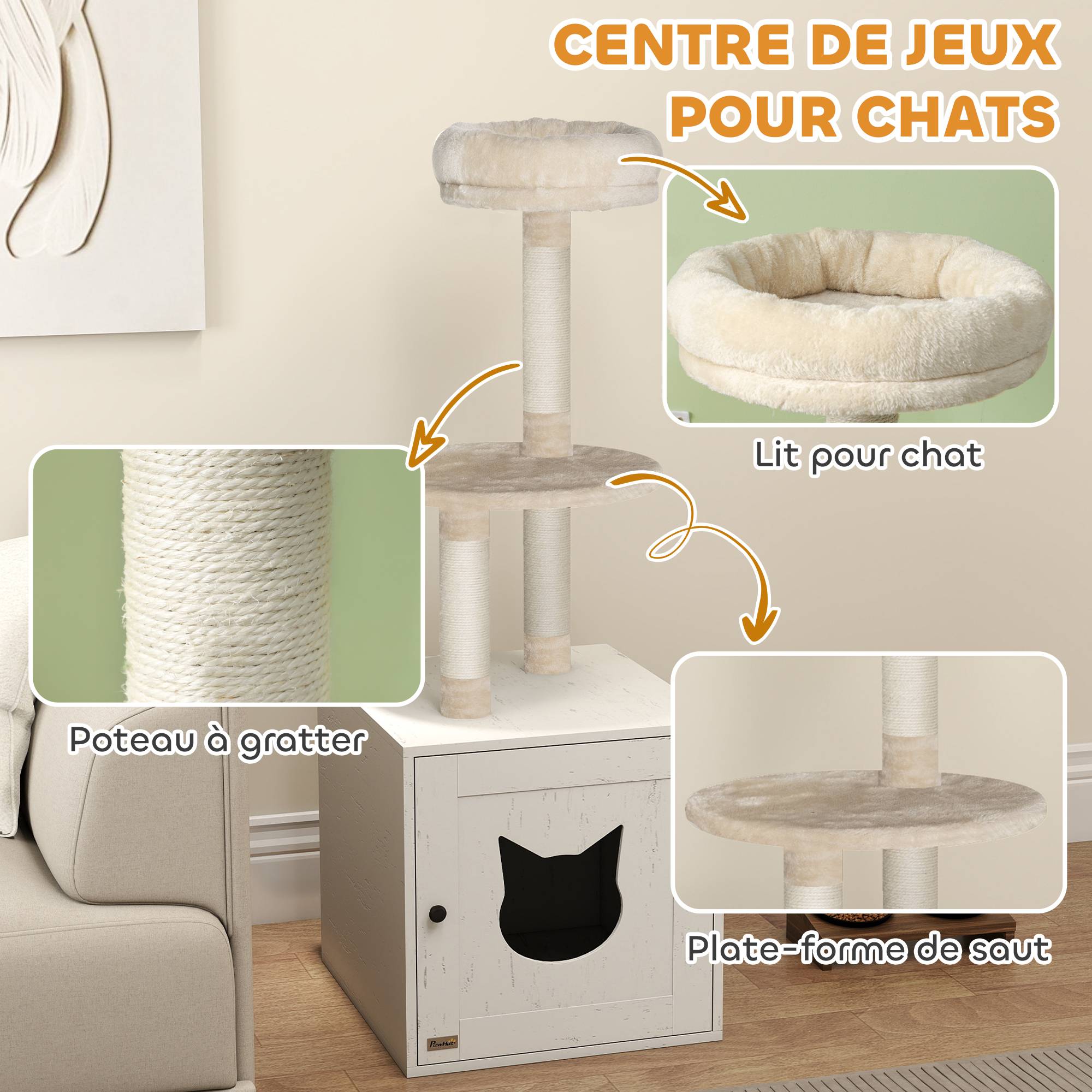 Sans Marque - Arbre à chat avec maison de toilettes, tour de jeu 2-en-1 de 129 cm avec cache-litière, poteaux à griffer, crème - Image 8